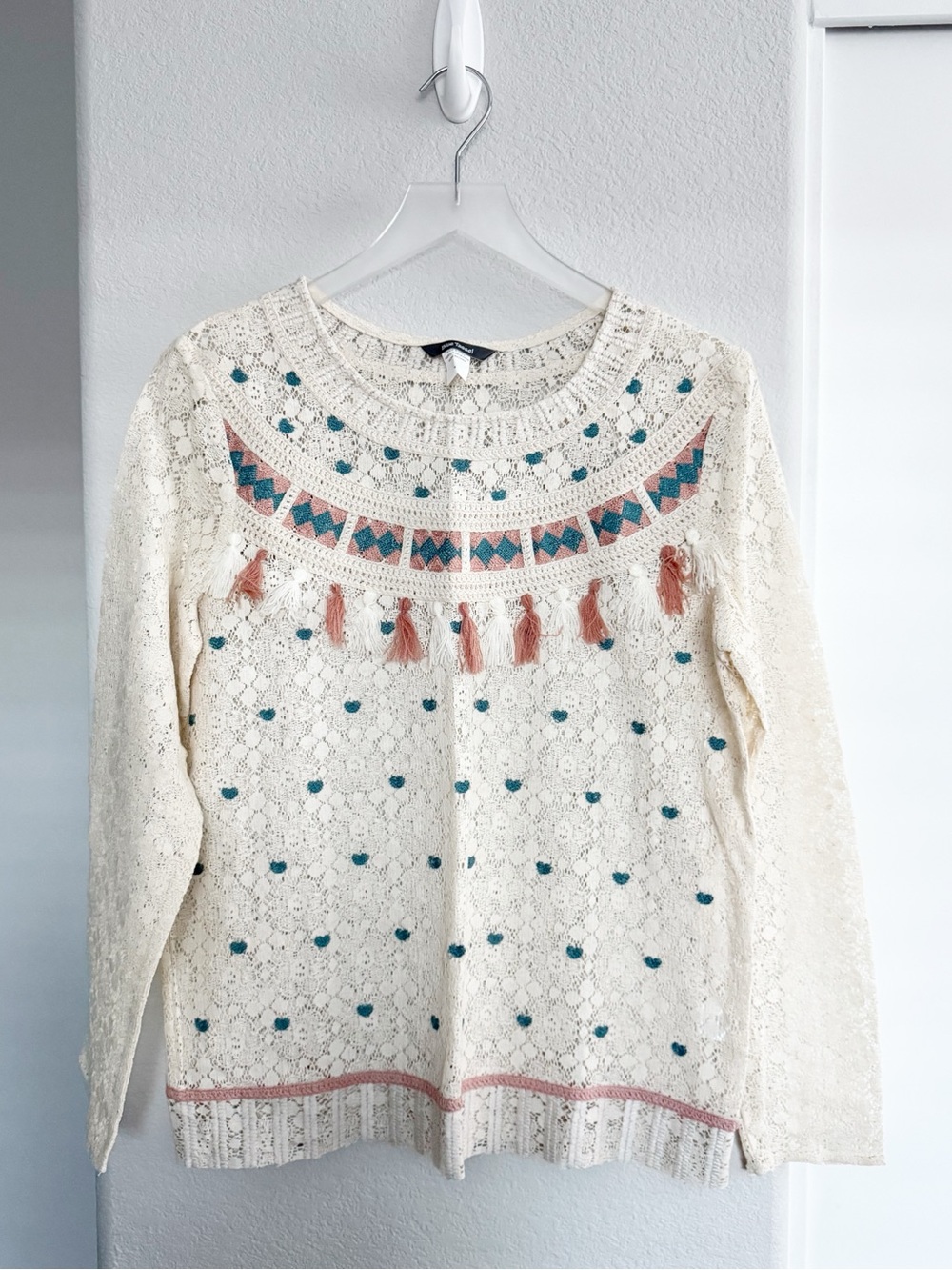 Anthropologie $98 Blue Tassel Tinetto Sweater in Ivory Pink and Blue Hearts NWOT - Picture 2 of 8